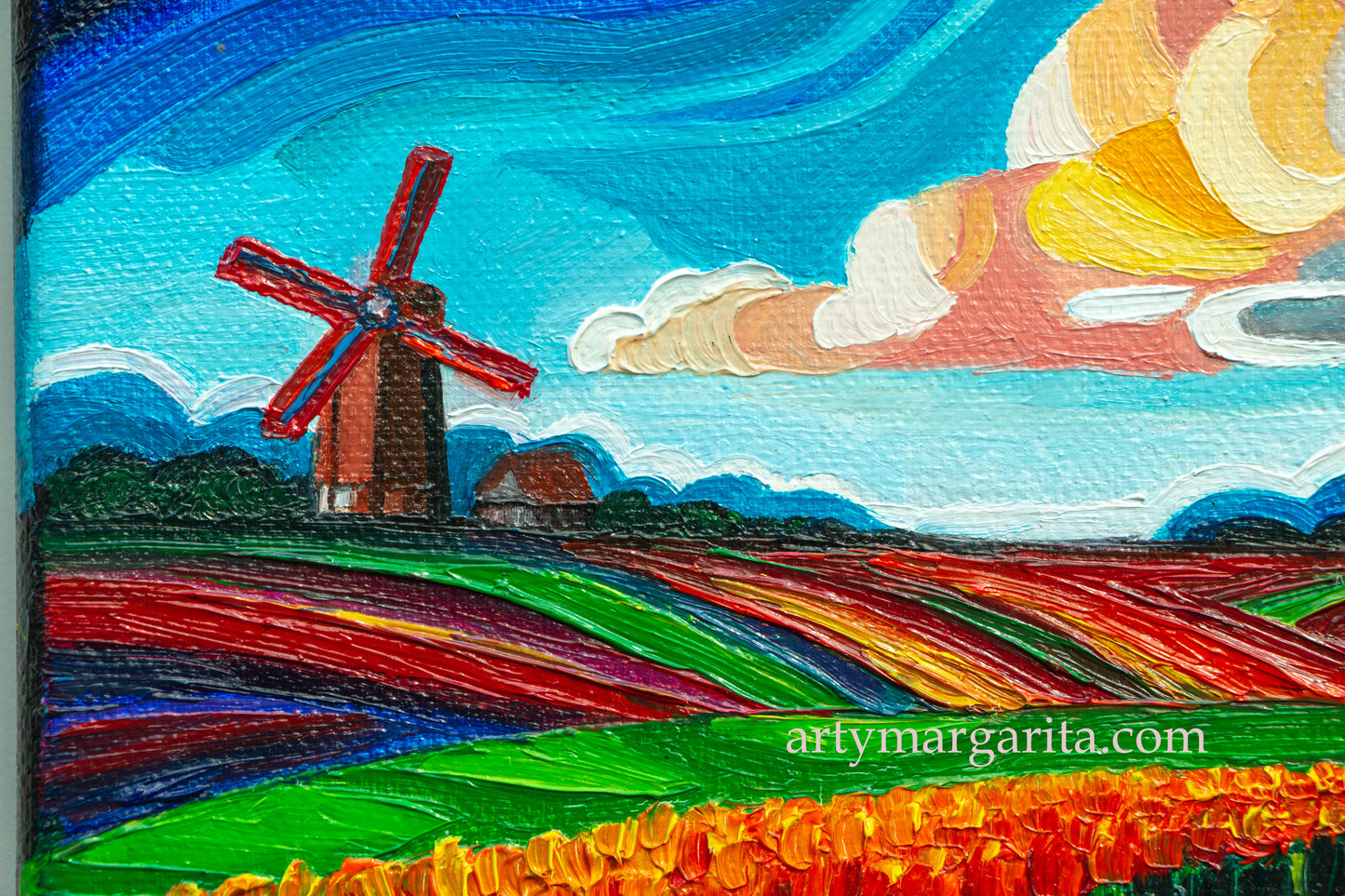 Oil Painting Dutch Tulip Fields Colourful Landscape Holland Windmills Day ArtyMargarita