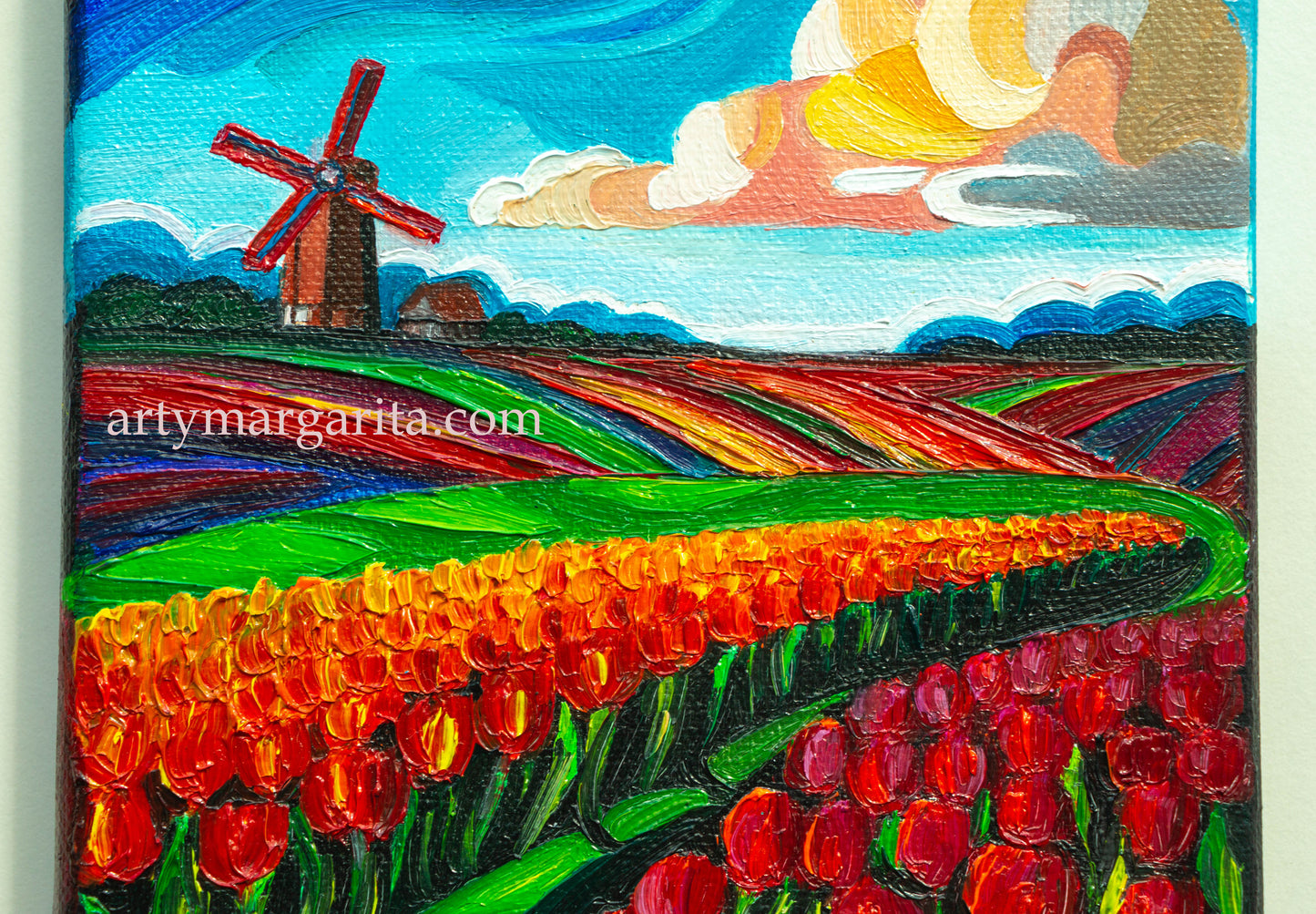 Oil Painting Dutch Tulip Fields Colourful Landscape Holland Windmills Day ArtyMargarita