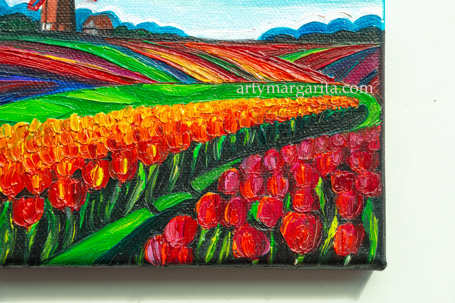 Oil Painting Dutch Tulip Fields Colourful Landscape Holland Windmills Day ArtyMargarita