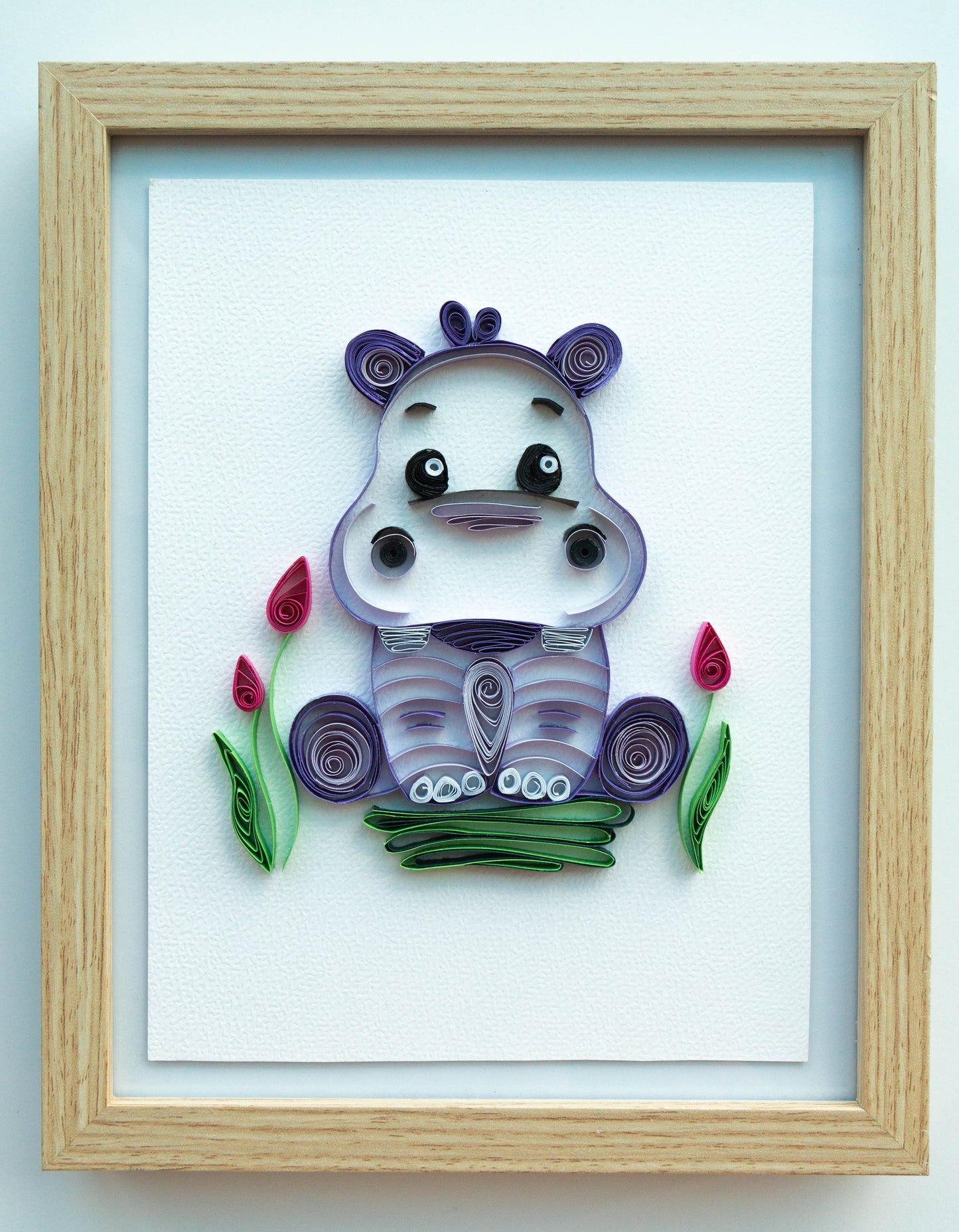 Small baby hippopotamus from paper. Baby room present quilling artwork. ArtyMargarita.com Uique artworks from paper.