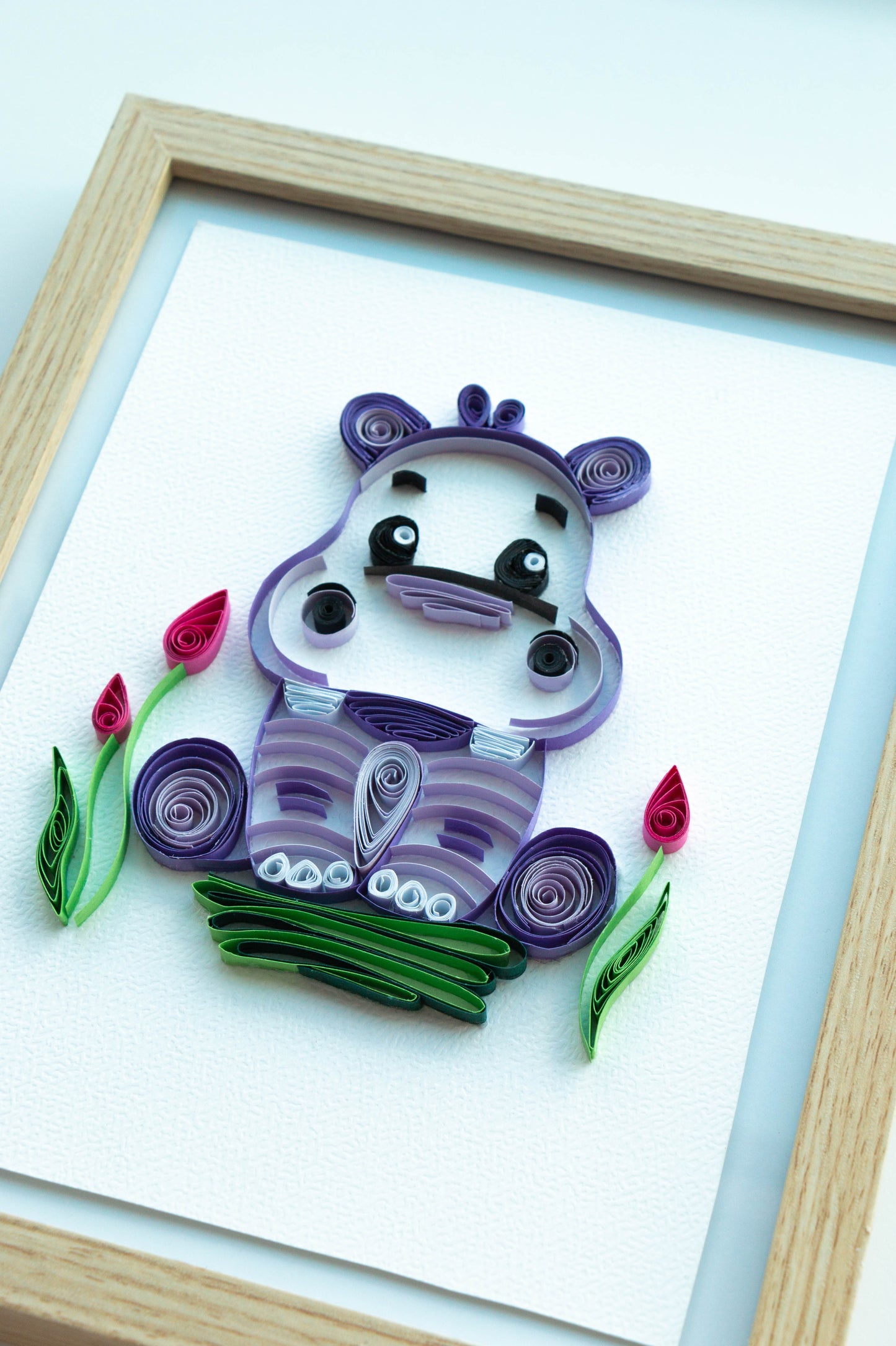Small baby hippopotamus from paper. Baby room present quilling artwork. ArtyMargarita.com Uique artworks from paper.
