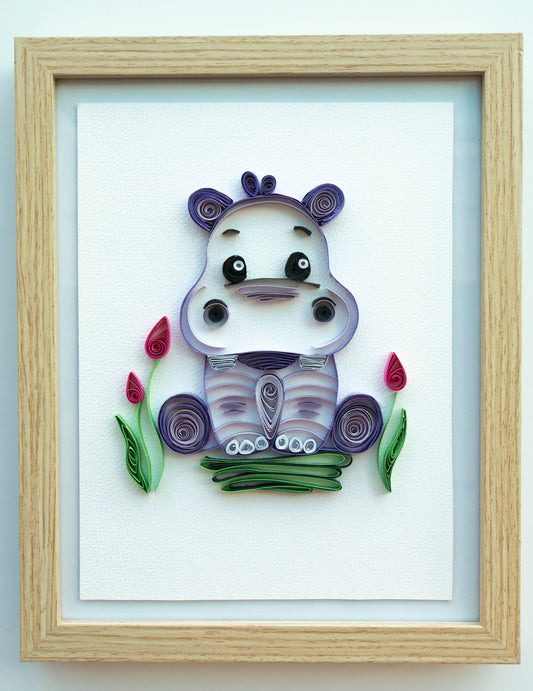 Small baby hippopotamus from paper. Baby room present quilling artwork. ArtyMargarita.com Uique artworks from paper.