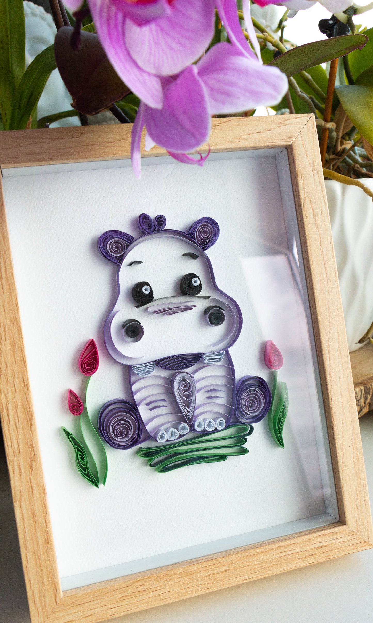 Small baby hippopotamus from paper. Baby room present quilling artwork. ArtyMargarita.com Uique artworks from paper.
