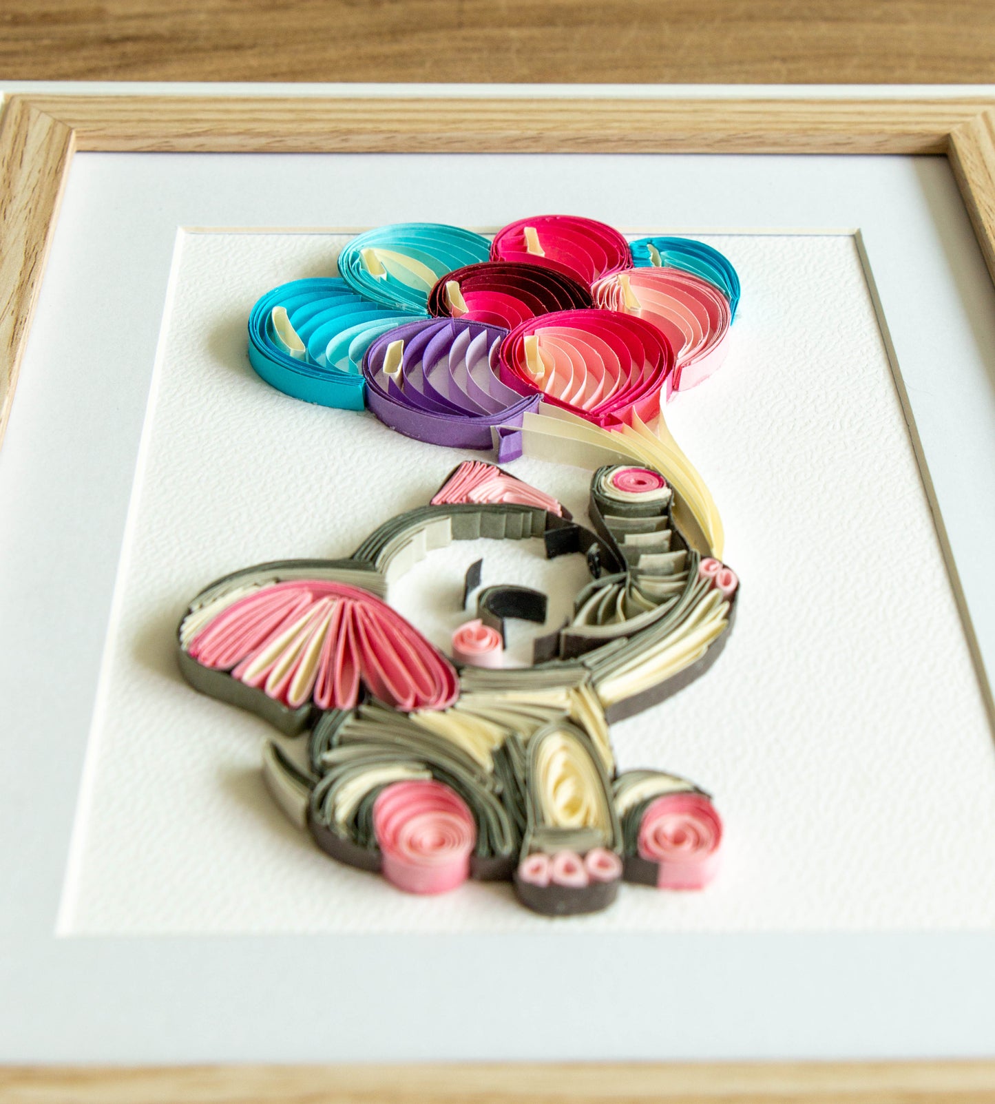 Small baby elephant with balloons from paper. Baby room present quilling artwork. ArtyMargarita.com Unique artworks from paper.