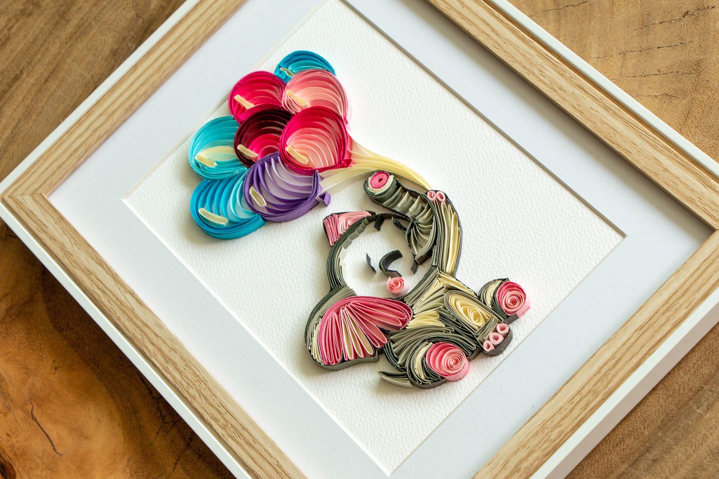 Small baby elephant with balloons from paper. Baby room present quilling artwork. ArtyMargarita.com Unique artworks from paper.