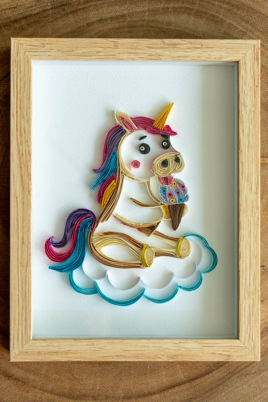 Small baby Unicorn eating ice-cream from paper. Baby room present quilling artwork. ArtyMargarita.com Unique artworks from paper