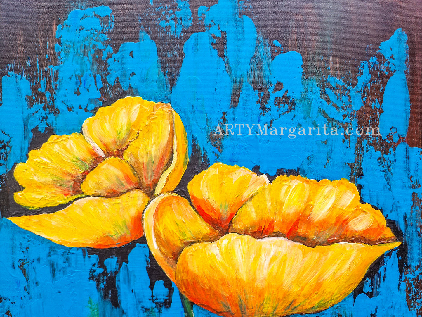 Acrylic Painting Yellow Poppy on Blue background