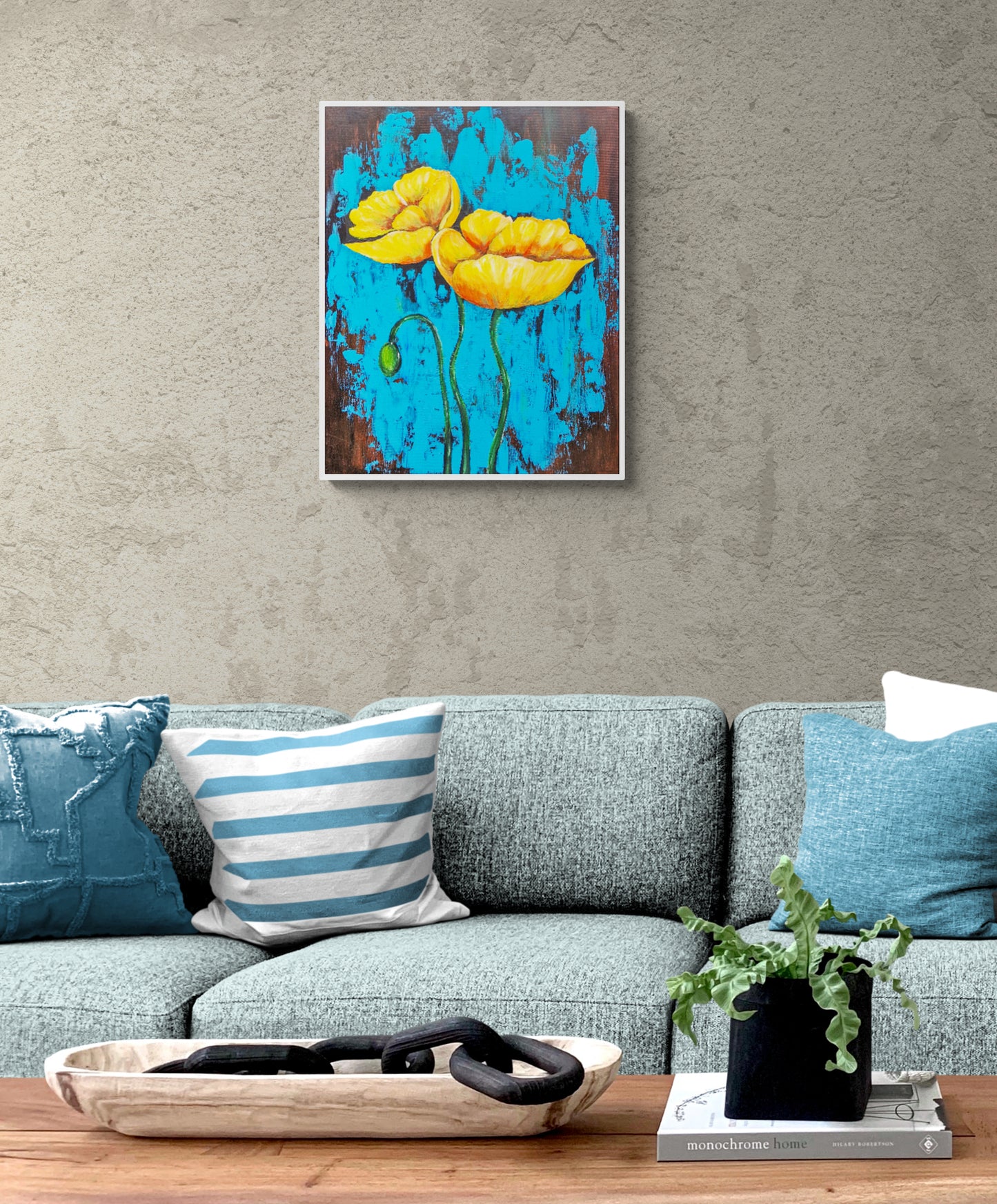 Acrylic Painting Yellow Poppy on Blue background